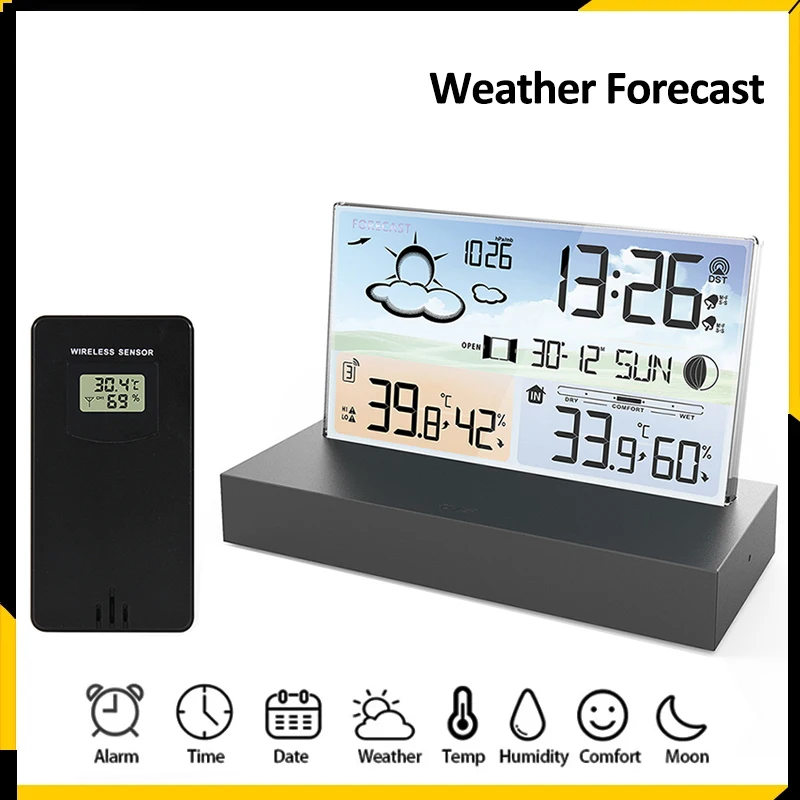 Transparent Weather Station Glass Colour Screen Thermometer Hygrometer Digital Temperature Humidity Monitor Weather Forecast