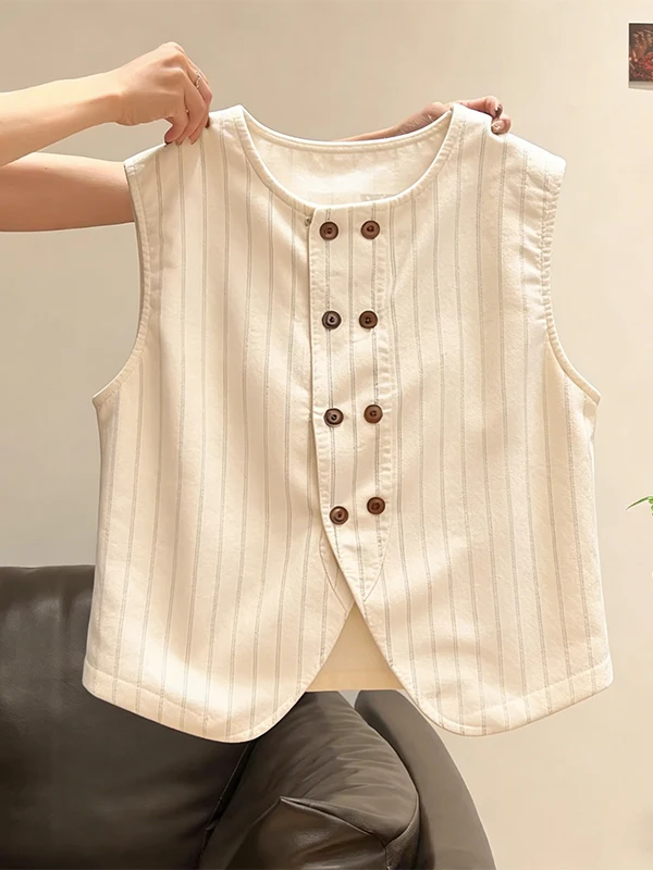 

plus Size Striped Color Block round Neck Sleeveless Double Button Vest Shirt Women's Summer New Style Slimming Versatile Top