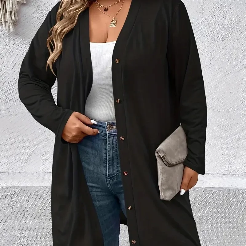 Spring 2024 Autumn Cardigan Top New Women Solid Color Long Sleeve Baggy Coat Women Fashion Single-Breasted V-neck Large Coat Top