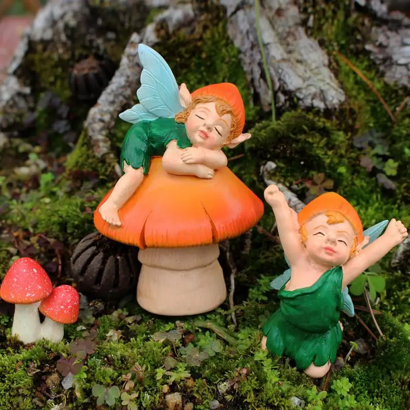 Patung miniatur patung taman jamur, patung Elf Resin jamur peri Aksesori taman luar ruangan untuk pot tanaman meja