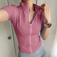 Manteau de Sport Slim décontracté pour femmes, manches courtes, solide, fermeture éclair, hauts pour femmes, cyclisme, course à pied, tenue de Yoga, vêtements d'été, veste de Sport 3