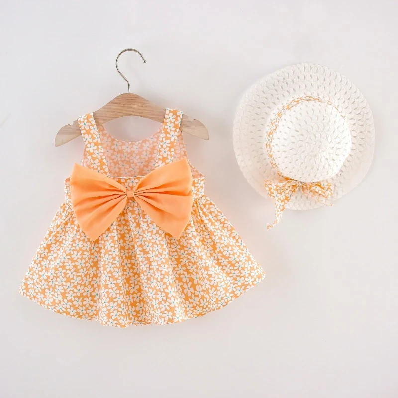 2024 Girl Clothes Girls' Dress Summer Children's Dress Halter Sweet Bow Floral Print with Hat Sundress New  Kids Clothes Girl