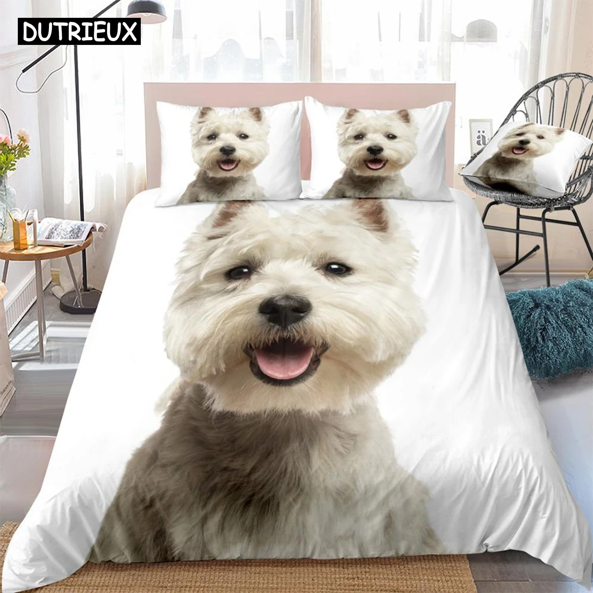 

3D Dog Duvet Cover Set West Highland White Terrier Bed Set White Bedding Kids Boys Girls Cute Pet Quilt Cover 3pcs Dropship