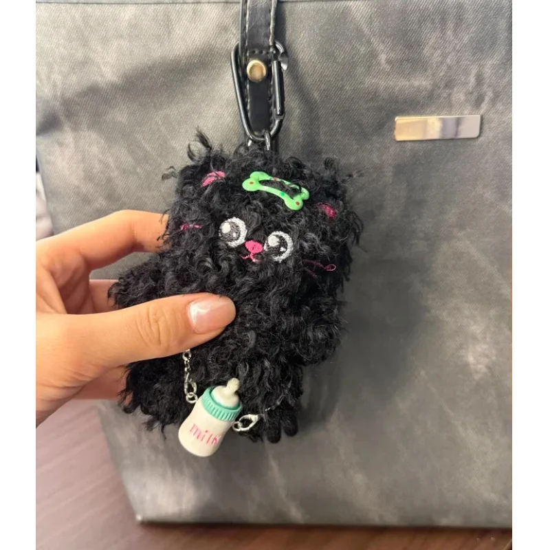 Black Curly Kitten Plush Doll Pendant Bee Shoulder Bag Bow Hand Rope Bag Keychain Dopamine Pendant Pendant Cute Festival Gifts