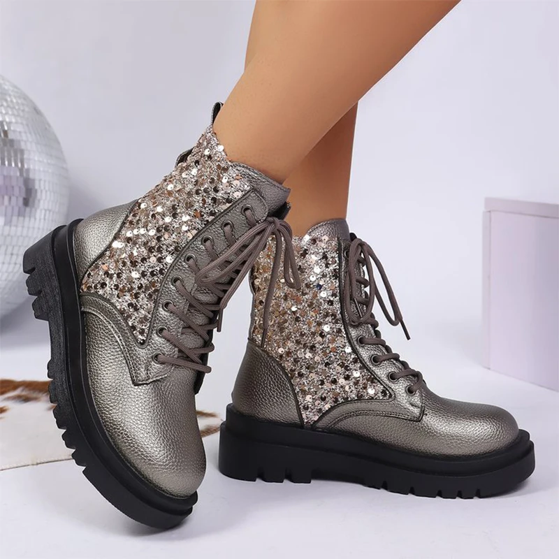 

Fashion Shiny Bling Boots Women Spring Autumn Plus Size Platform Ankle Boots Woman Lace Up Thick Heel Street Style Booties Mujer