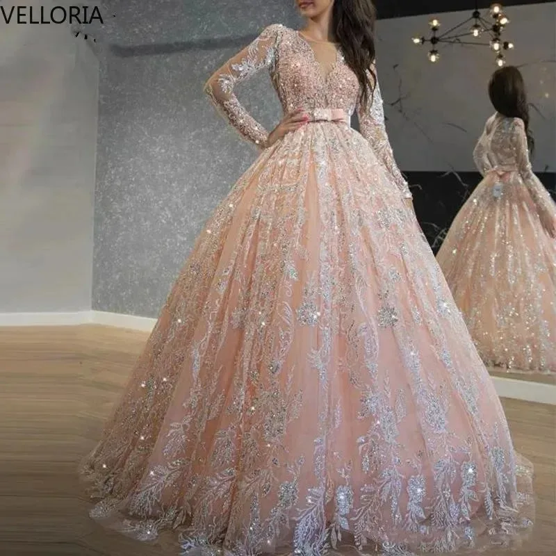 

Sparkly Pink Sequin Ball Gown Long Sleeve Sweet 16 Prom Dress Evening Gown Plus Size Party Dress Vestdos De Fiesta Customized