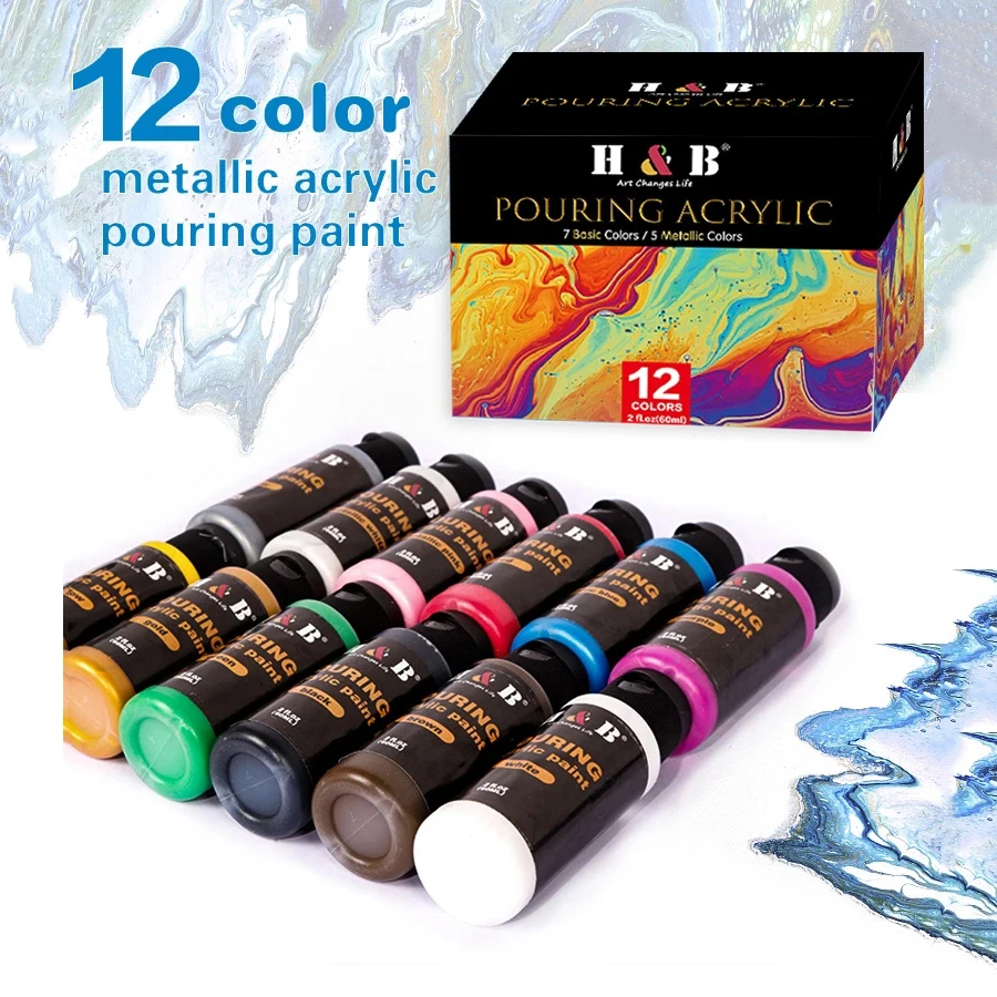 

Ready to Pour Metallic Acrylic Pouring Paint Set,12Colors 60ml Fluid DIY Bottles for Surfaces Stretched Canvas,Wood,Air Dry Clay