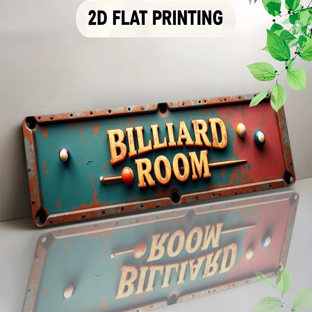 2D Flat, Vintage Billiard Sign - Pool Table Decor with Billiard Balls Design - Heavy-Duty Metal - Large 3.94x15.75 Inch (10x40cm