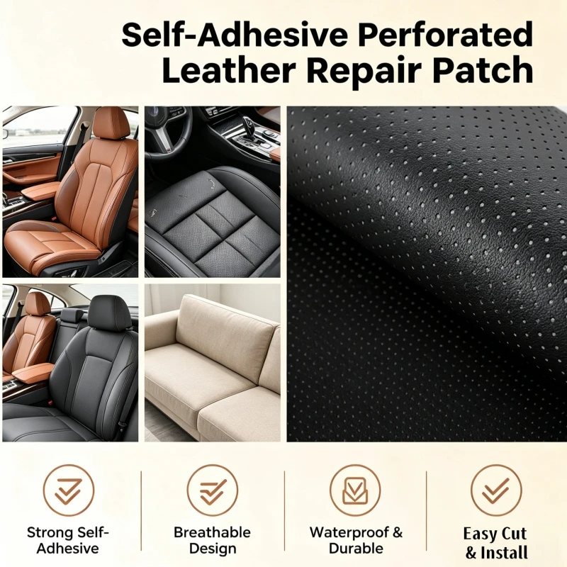 Self-Adhesive Perforated Leather Repair Patch, 0.8mm Thick Breathable Faux Leather Sheets for Car Seat Sofa Furniture Repair