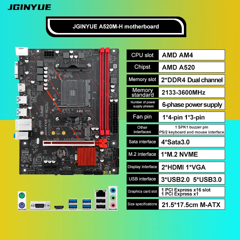 JGINYUE AM4 마더보드, AMD Ryzen R3 5 7 1 2 3 4 5 CPU 프로세서 지원, DDR4 듀얼 채널 메모리 RAM M-ATX A520M-H 