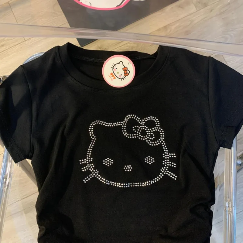 Y2k Diamonds Hello Kitty Sided Pleated Short sleeved T-shirt for Women's Summer New Popular Design Hot Sale Tops Clothing