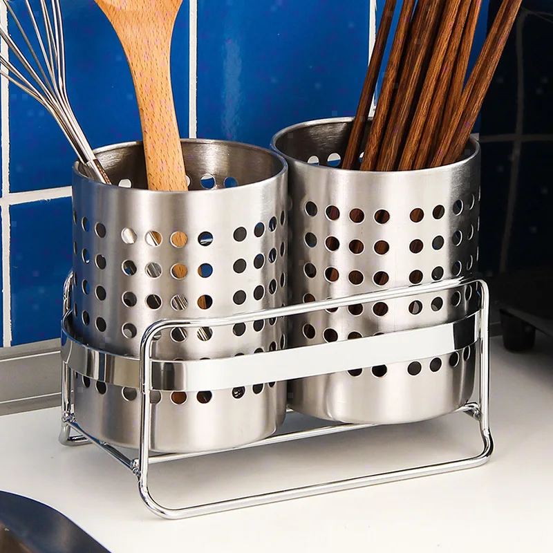Stainless Steel Double Chopsticks Holder with Tray Kitchen Dining Utensils Draining Rack Integrated Knife Rack Home Use