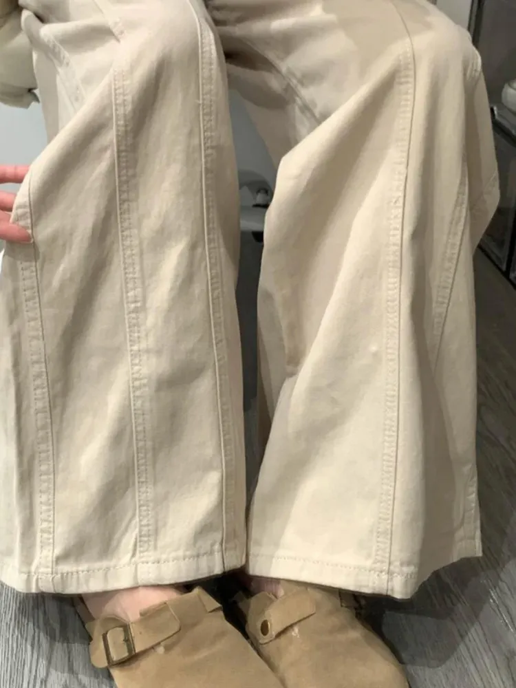 

Женские джинсы цвета хаки в стиле ретро, американские рабочие джинсы, свободные прямые брюки, длинные повседневные удобные брюки с высокой талией на пуговицах