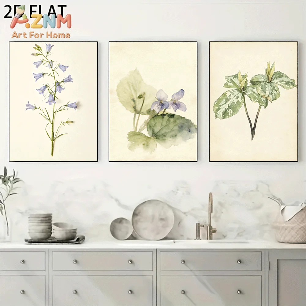 AZNM Frameless Canvas Wall Art, Vintage Botanical Blue Violet Wildflower Print, Antique Watercolor Floral Wall Decor for Living