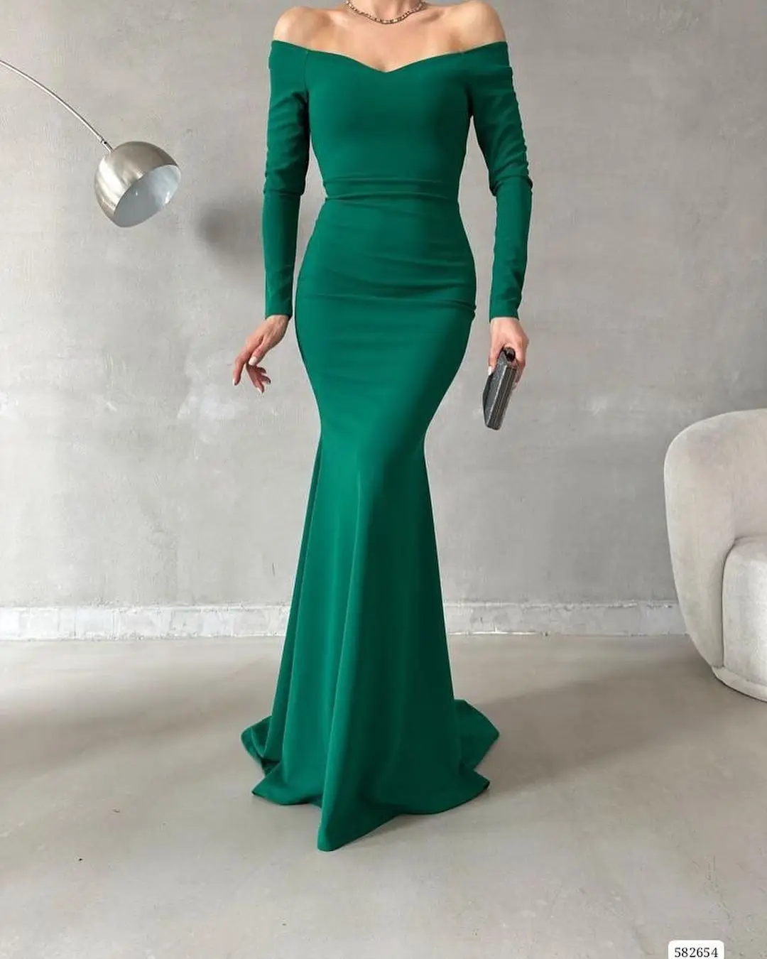 Sapmae Off-the-shoulder Full Sleeve Sheath Zipper Up Floor-length Court Train Elegant Prom Formal Evenning Party Dress For Women