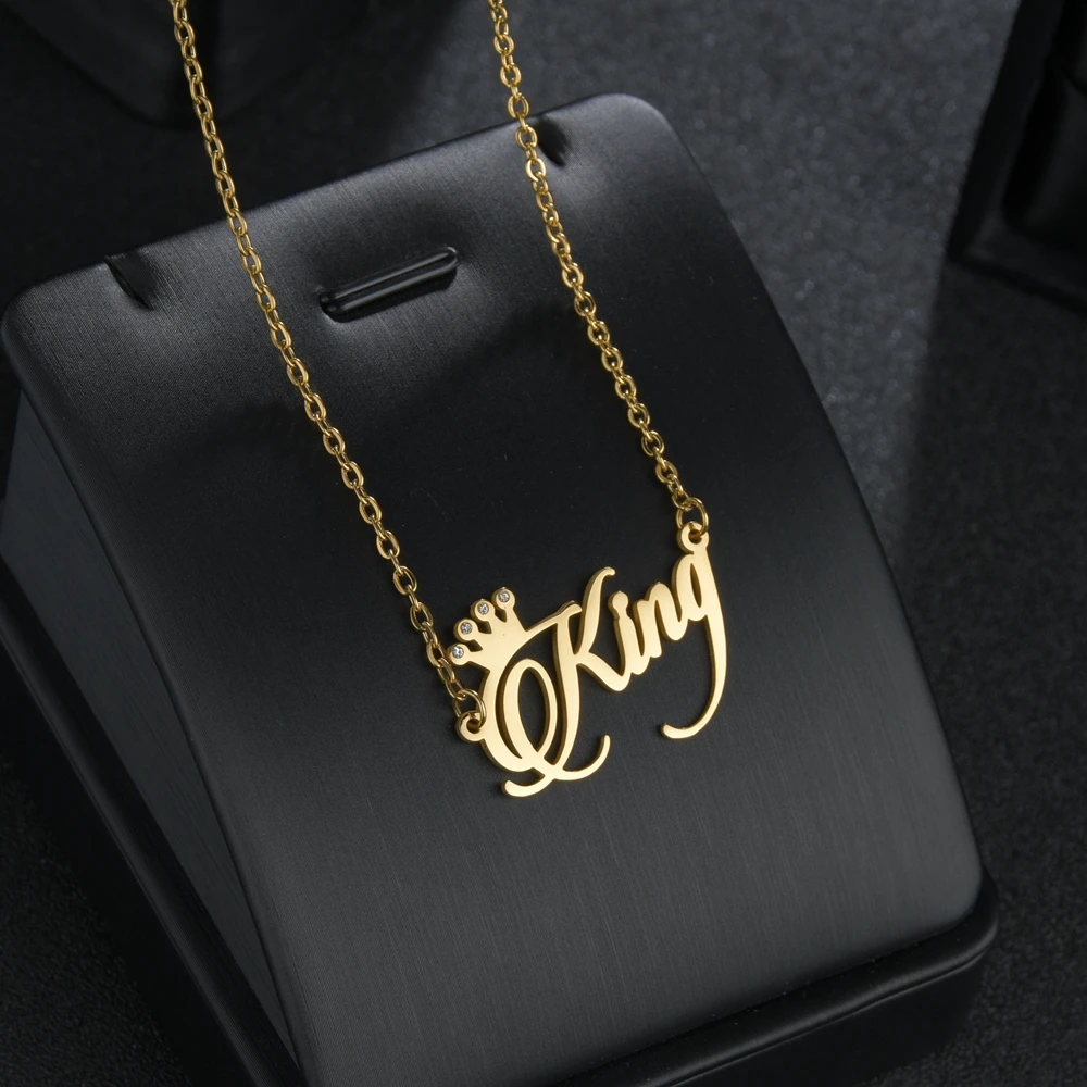 Acheerup New Personalized Name Box Chain Necklace for Women Custom Stainless Steel Zircon Crown Blade Chain Pendant Jewelry Gift