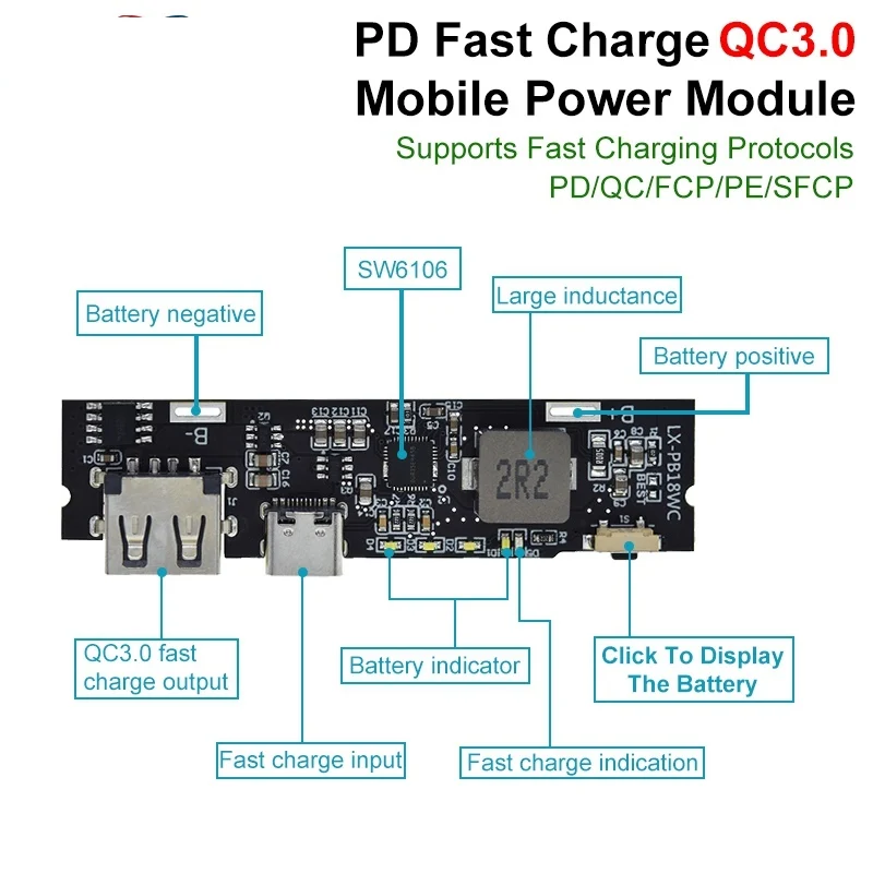1/2/5PCS  QC3.0 QC2.0 Dual USB 18W Type-C USB SW6106PD Fast Charge Mobile Power Bank 18650 Charging Module With Indicator