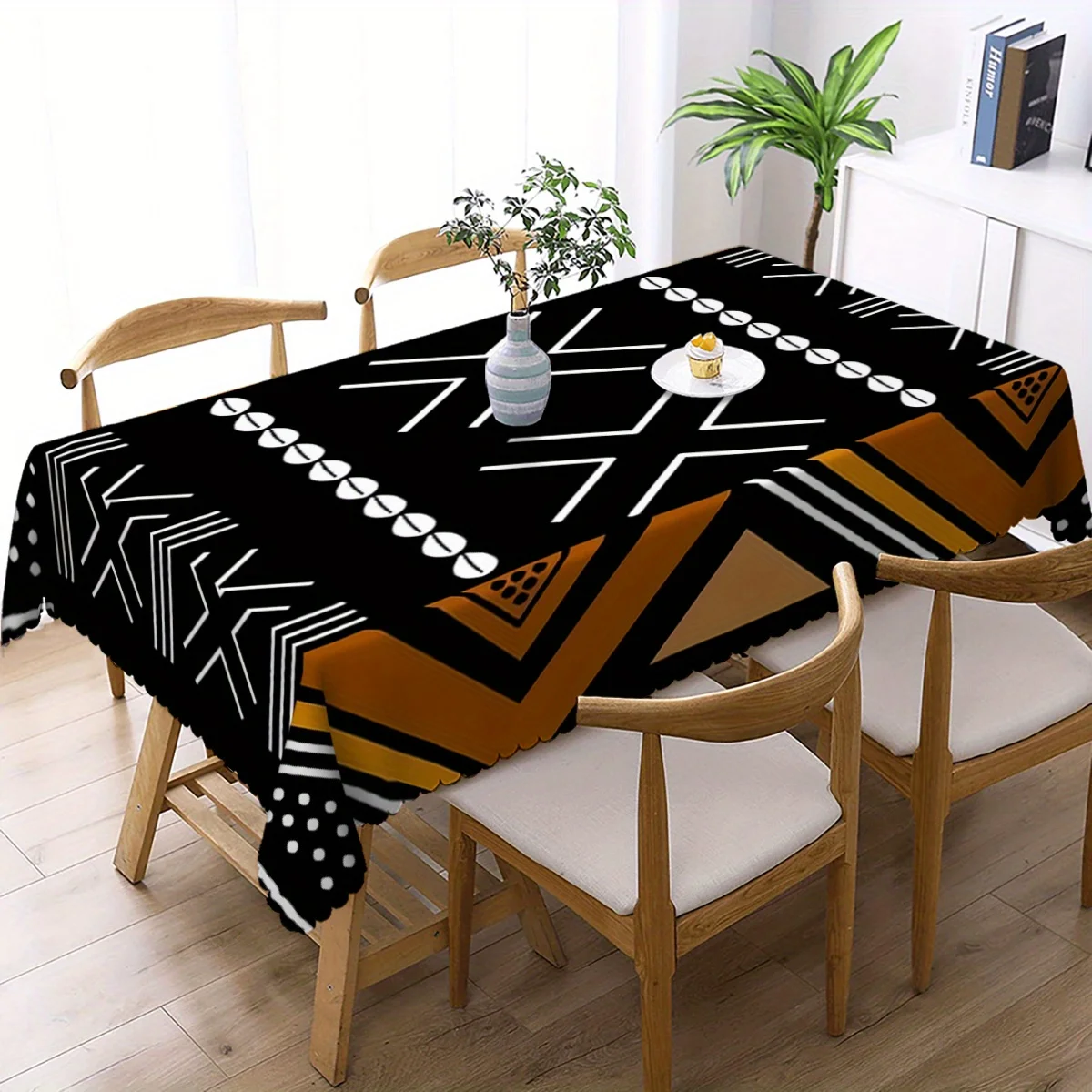 JIT, 1pc African tribal geometric pattern rectangular tablecloth, with fan-shaped edge polyester fiber.zyc
