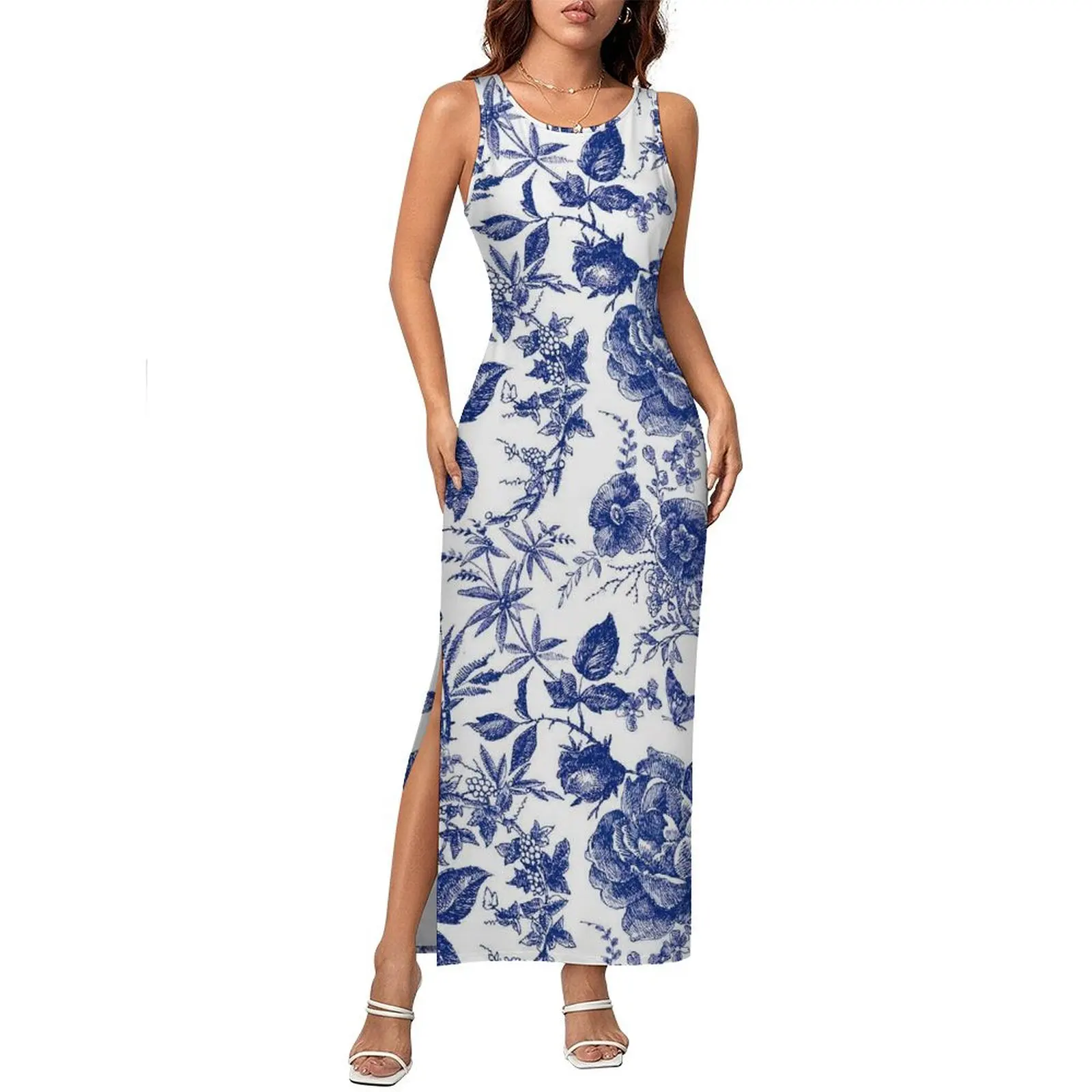 

Woman Butterfly Dress Vintage Blue Flower Fashion Bodycon Dress Holiday Sleeveless Modern Maxi Dresses Graphic Oversize Vestidos