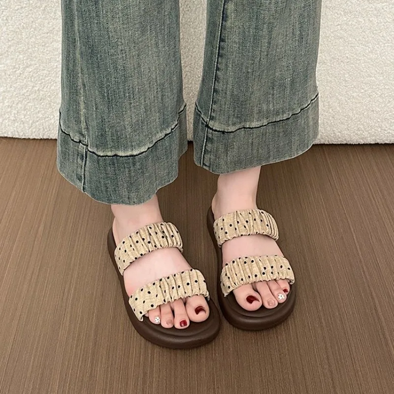 

Vintage Summer Women Open Toe Polka Dot Slippers Concise Slip On Soft Sole Flats Shoes Ladies Outdoor Beach Daily Walking Slides