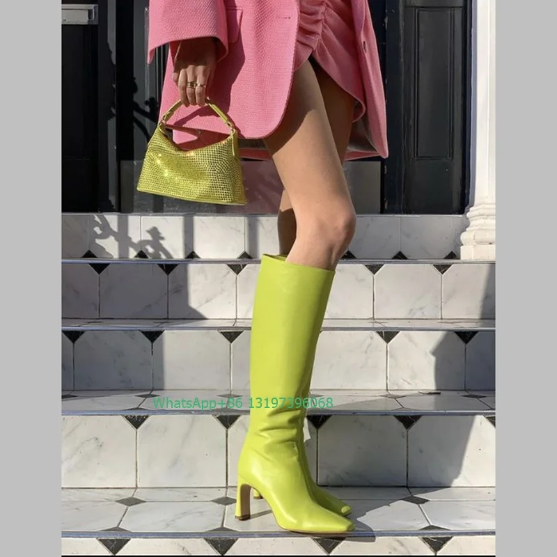 Lady green color PU knee shaped heel boots square heel daily candy color high hesl boots party dress boots size 46 footwear