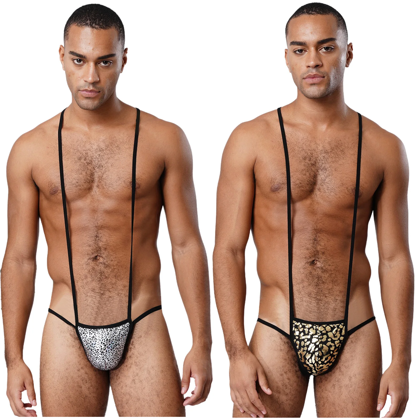 

Mens Sexy Thongs Underwear Mankini G-string Y-back Strap Metallic Shiny Print Bulge Pouch Bodysuit Man Male Nightwear Swimwear