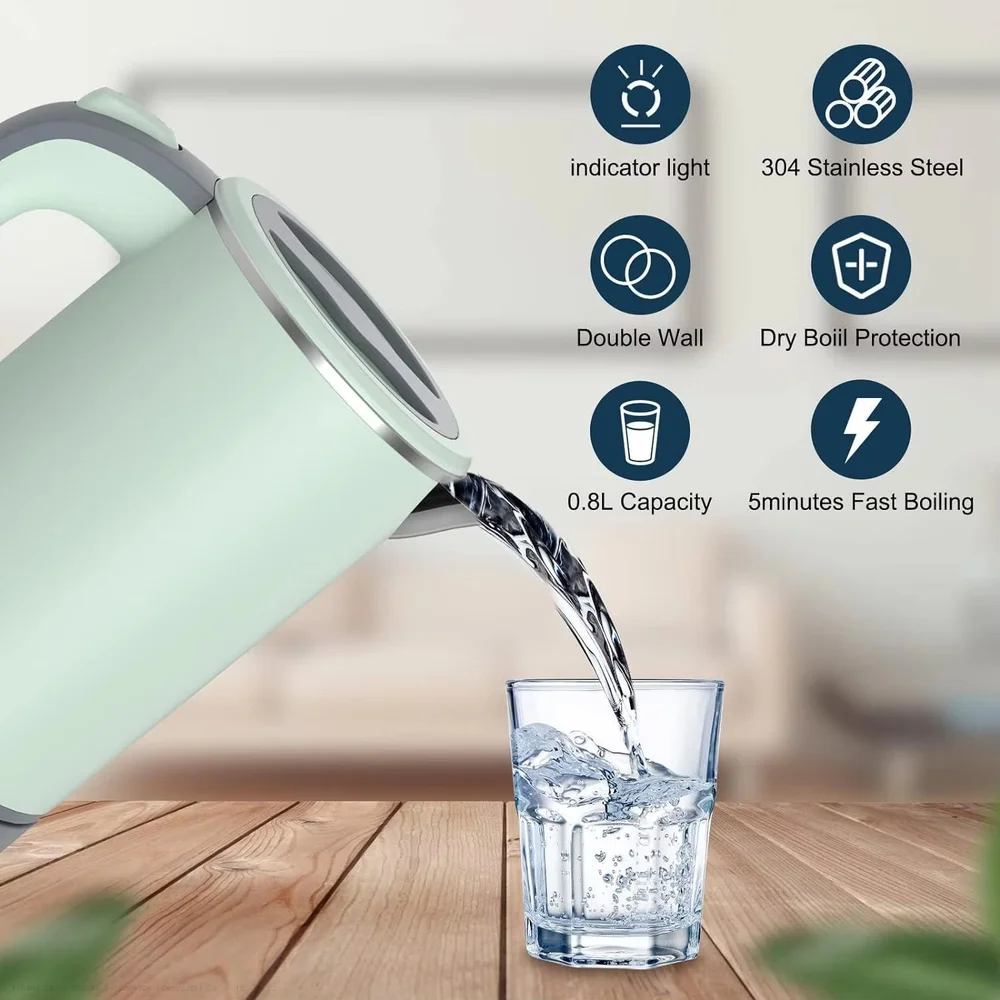 

600W Electric Kettle 0.8L Portable Travel Kettle Stainless Steel Liner With Auto Shut-Off 5Mins Fast Boil Home Kettle 110V/220V