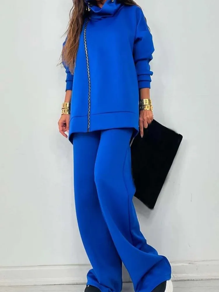 Autunno Moda Abiti larghi Donna Dolcevita Felpa con cerniera Set di pantaloni a gamba larga Donna Casual Manica lunga Solido Set a due pezzi