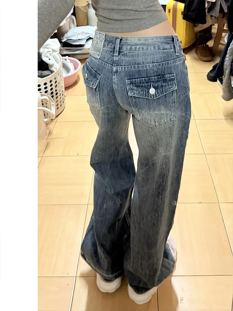 

Retro American Wide Leg Denim Jeans Women's High Waist Slimming Small Size Loose Straight Leg Pants Casual Cotton Blend