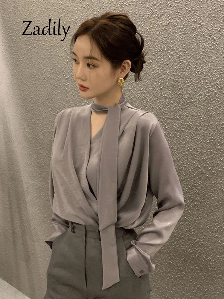 Zadily 2026 Summer Office Lady Long Sleeve Women Satin Blouse Korea Style V Neck Bandage Woman Shirt Female Clothing Tops