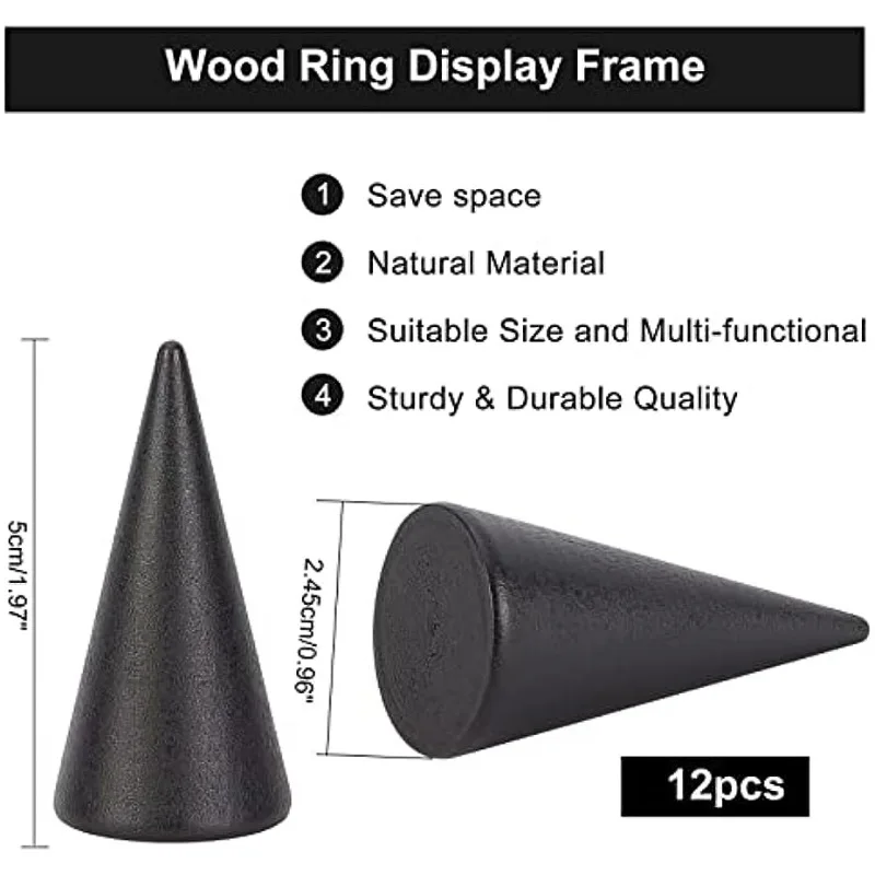 12 Pcs Black Wooden Ring Holder, Ring Display Cone Ring Stand Finger Ring Display Jewelry Display for Rings Jewelry Exhibition