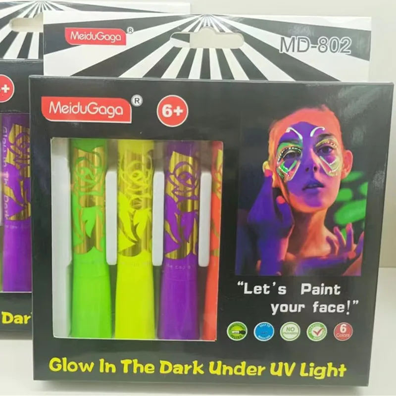 6pcs Halloween Glow Pop In Dark Face Black Light Paint UV Neon Face Body Paint Crayon Kit Fluorescent Makeup Marker Christmas