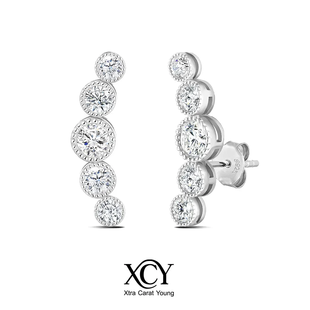 XCY Moissanite Ear Crawler Earrings 5-Stone Round Cut Crawler Studs Sterling Silver Hypoallergenic Bridal Wedding Stud Jewelry