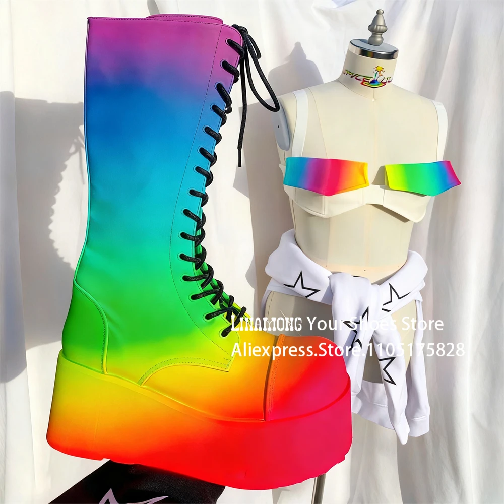 

Rainbow Gradient Stained Knee High Boots Cross Strap Wedge Boots Stacked Platform Multicolor Handmade Large Size Boots for Women