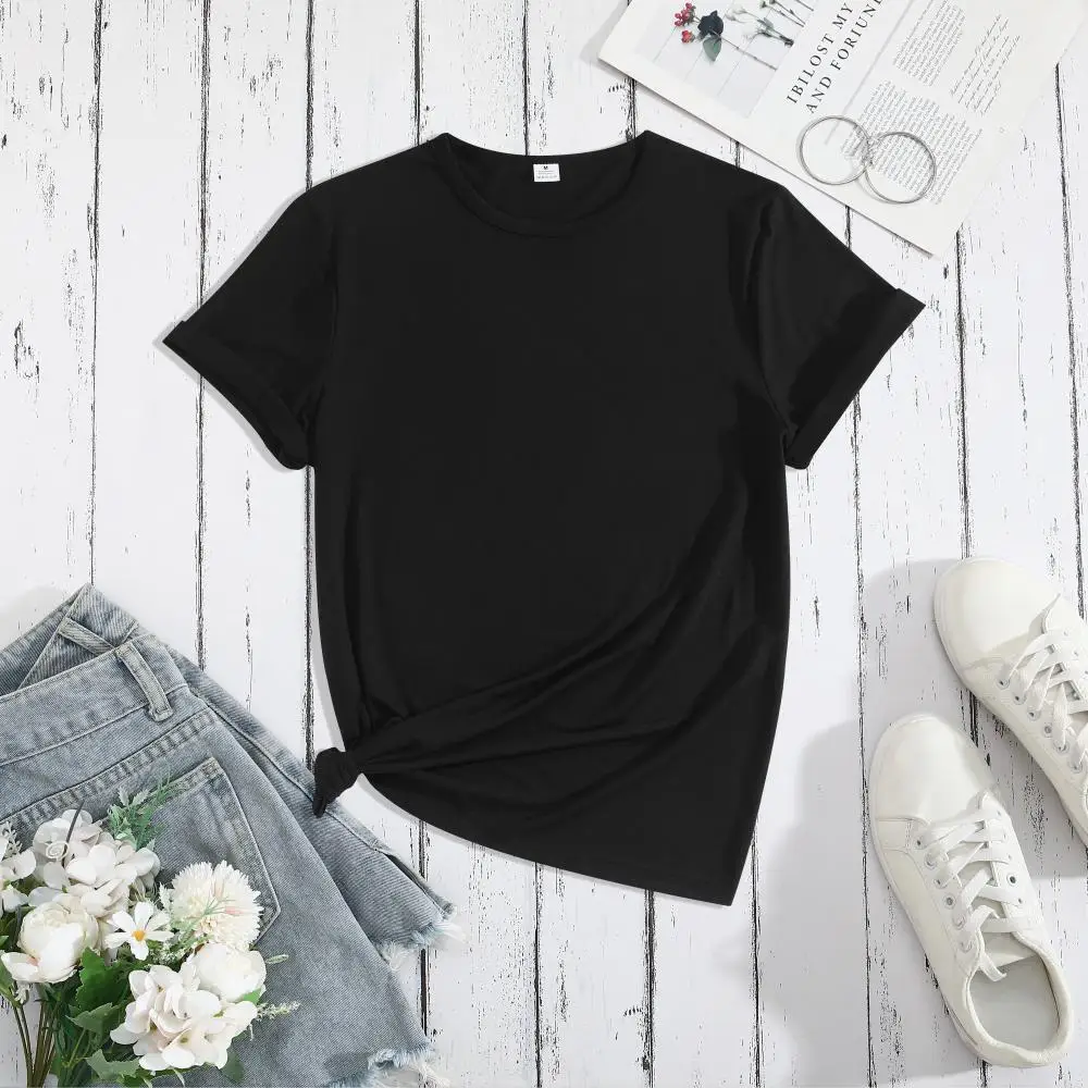 

Highly Elastic, Non-Restrictive, Round-Neck, Gray Short-Sleeve T-Shirt, Loose, Solid Color, Simple, Versatile, Slimming, Casual Top for Women