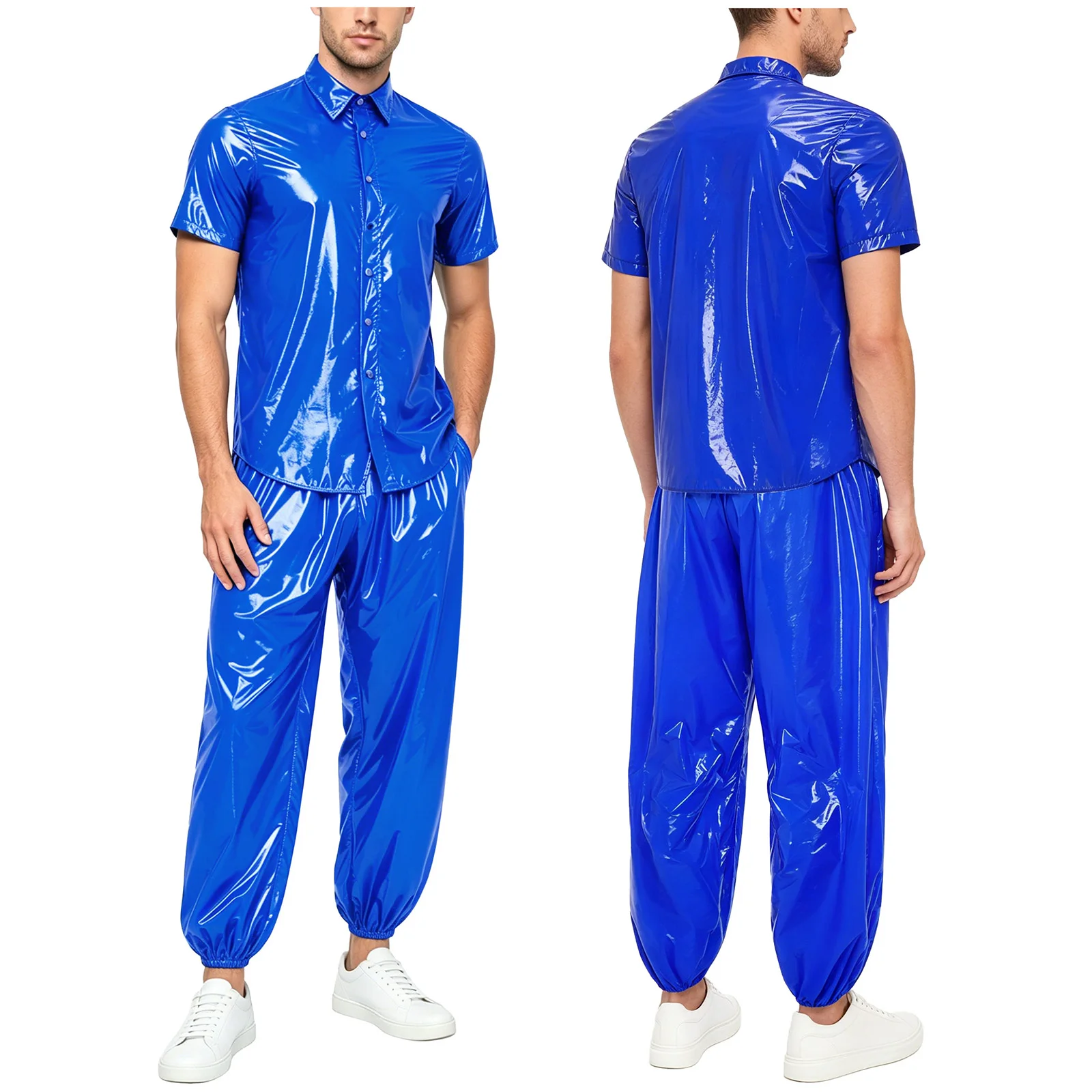 

Mens Waterproof Tracksuit Sauna Sweat Outfit Glossy Short Sleeve T-shirt Top with Jogging Pants Rainwear Gym Fitness Sportswear