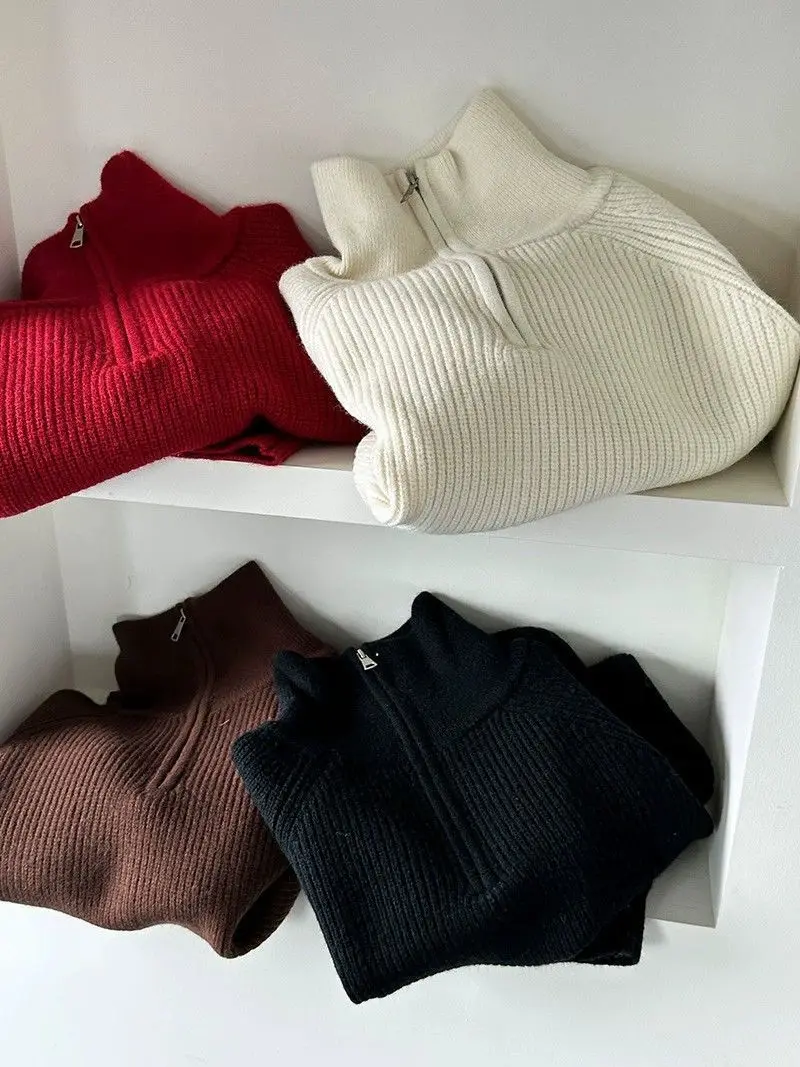 2026 Sweater Pullover Women Autumn Winter Korean Design New Zipper Loose Style Popular Sweater Female Tops Solid Color Pullovers