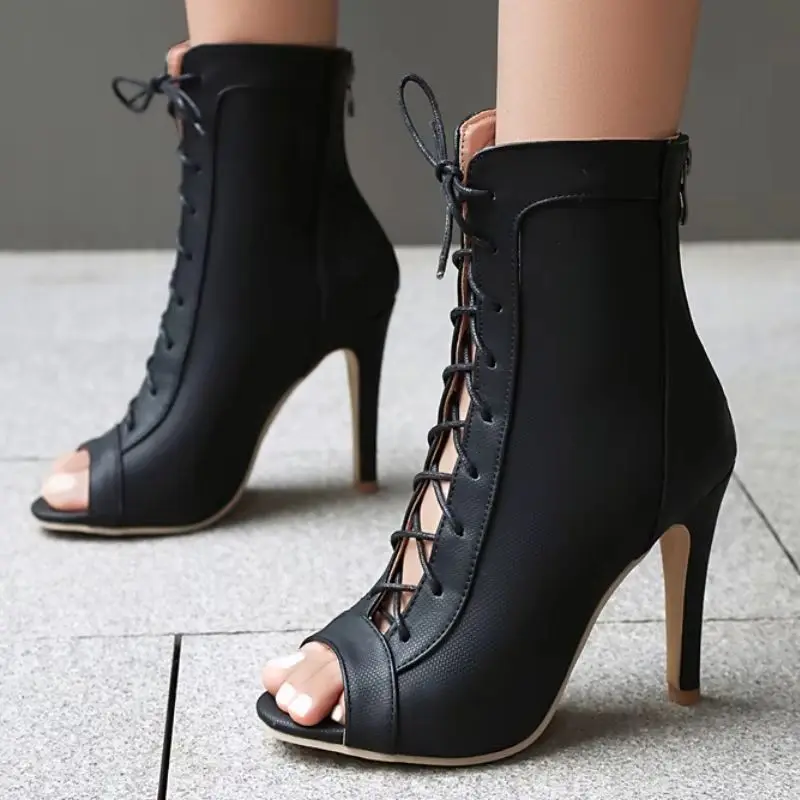 

Модные женские ботильоны для лета, черные и белые, на шнуровке, с открытым носком, на каблуке, для танцев, большие размеры до 47