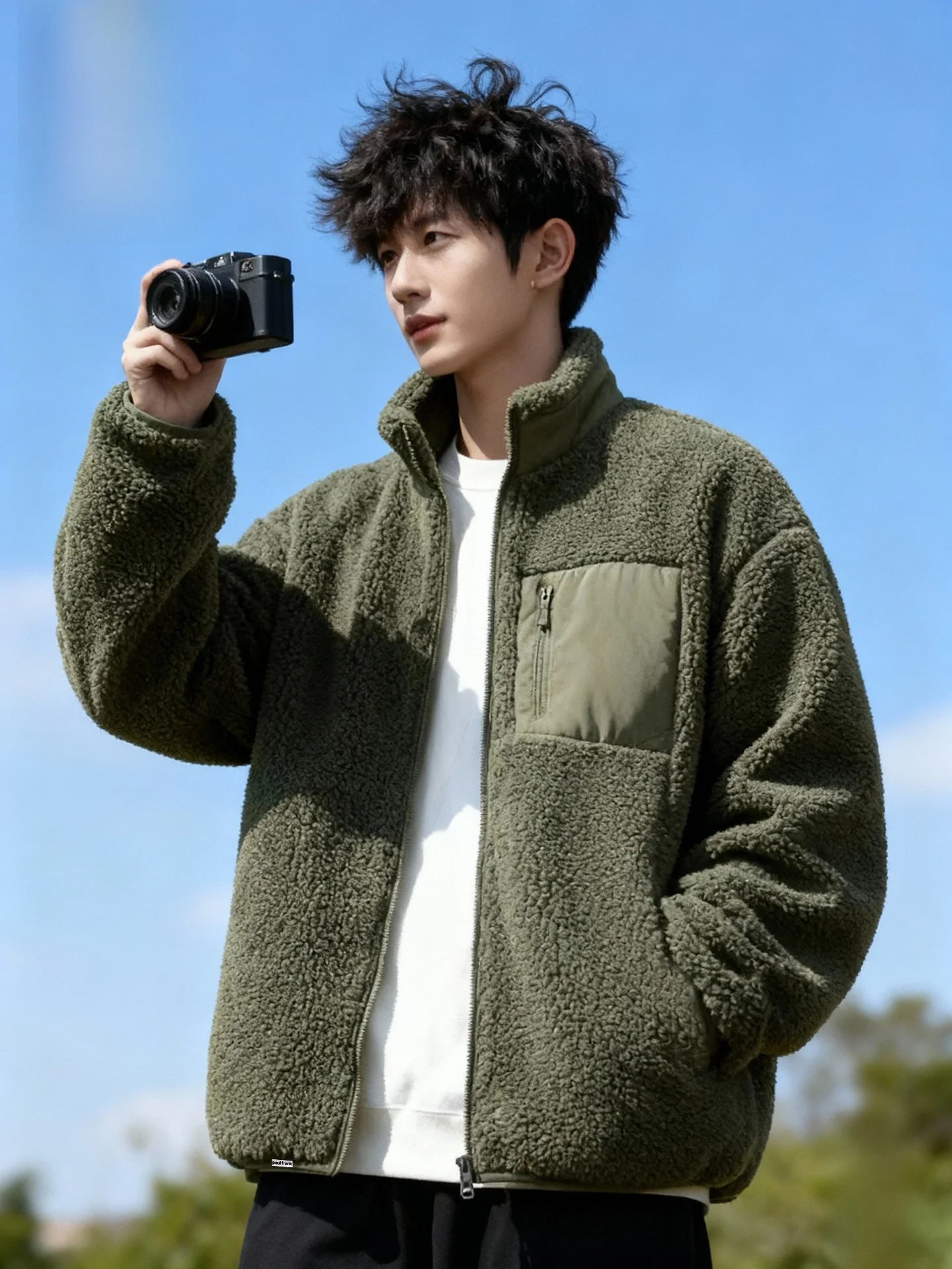 

Men's Fce Jaet Thiened Stand Collar Winter Outerwear Casual Sle Long Sve Zipper Closure Printed Pattern