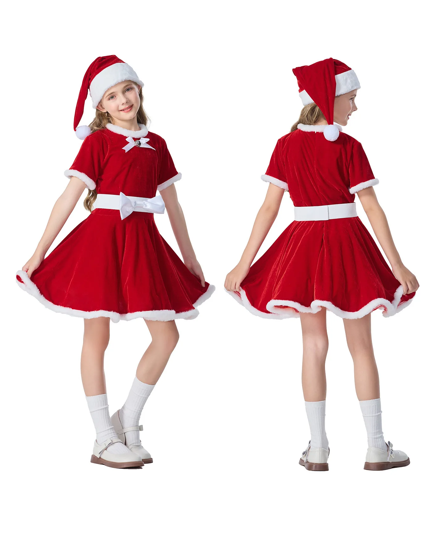 Niedliches Weihnachtskleid-Set für kleine Kinder, bestehend aus einem weiß gefütterten Rock mit flauschigem, weißem Rand, einer weißen Schleife und einer passenden Weihnachtsmütze. – Detail 11
