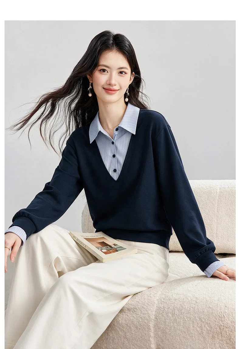 VIMLY Fake Two-piece Striped Collar Sweatshirt for Women 2026 Autumn Coffee Color Commute Casual Loose-fit Female Pullover A7577
