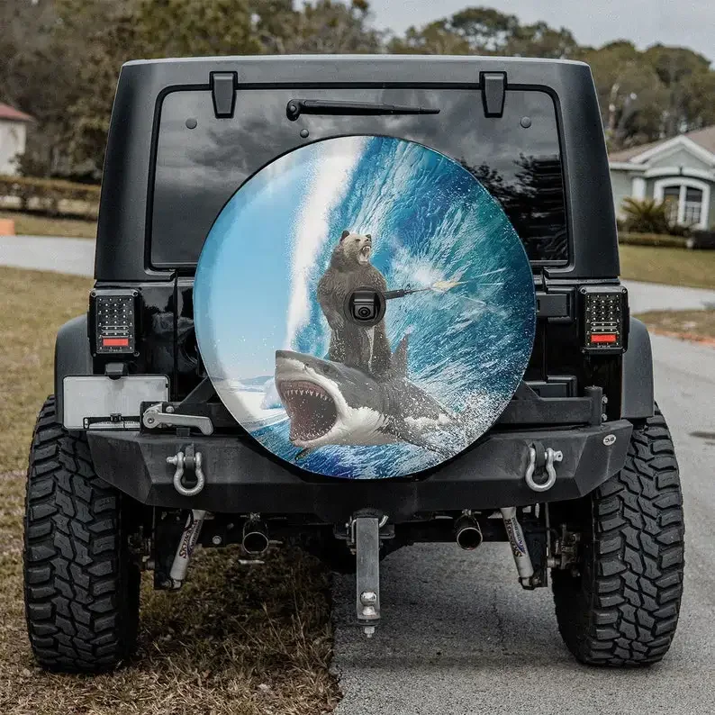 Funny Spare Tire Covers, Funny Bear Shark Surfing Spare Tire Cover With Or Without Backup Camera Hole, Camping Lover, Camping Gi