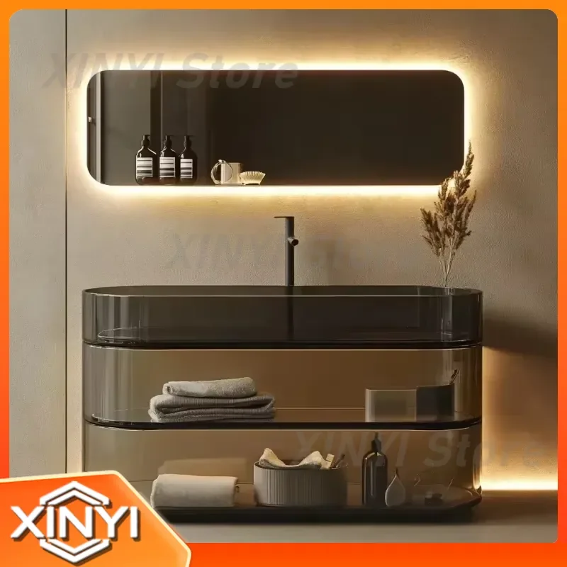 Floating Wash Basin Cabinet for Modern Bathroom with Waterproof LED Mirror PVC Vanity Unit for Hotel Home Use