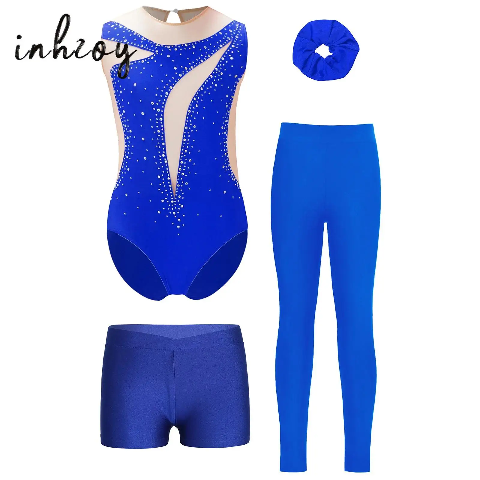 

4Pcs/Set Kids Girls Gymnastics Leotard Figure Skating Dance Costume Sheer Mesh Patchwork Shiny Rhinestone Bodysuit Ballet Outfit