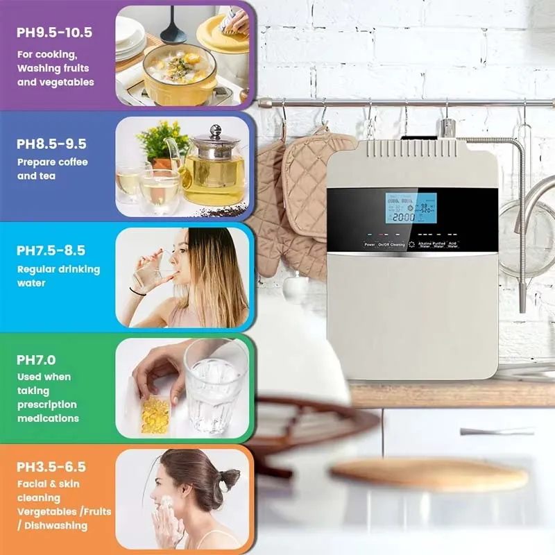 Home Alkaline Water Ionizer pH 4.5 to 10.5 Acid kangen Alkaline Water Maker Machine with Filter 8 Plates PH Water Machine