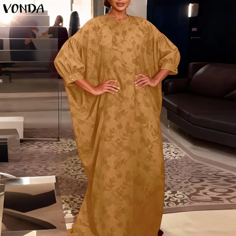 

Elegant Plus Size Dresses VONDA Women Summer Dress 3/4 Sleeve Loose Print Long Maxi Dress Party OL Work Streetwear Vestidos