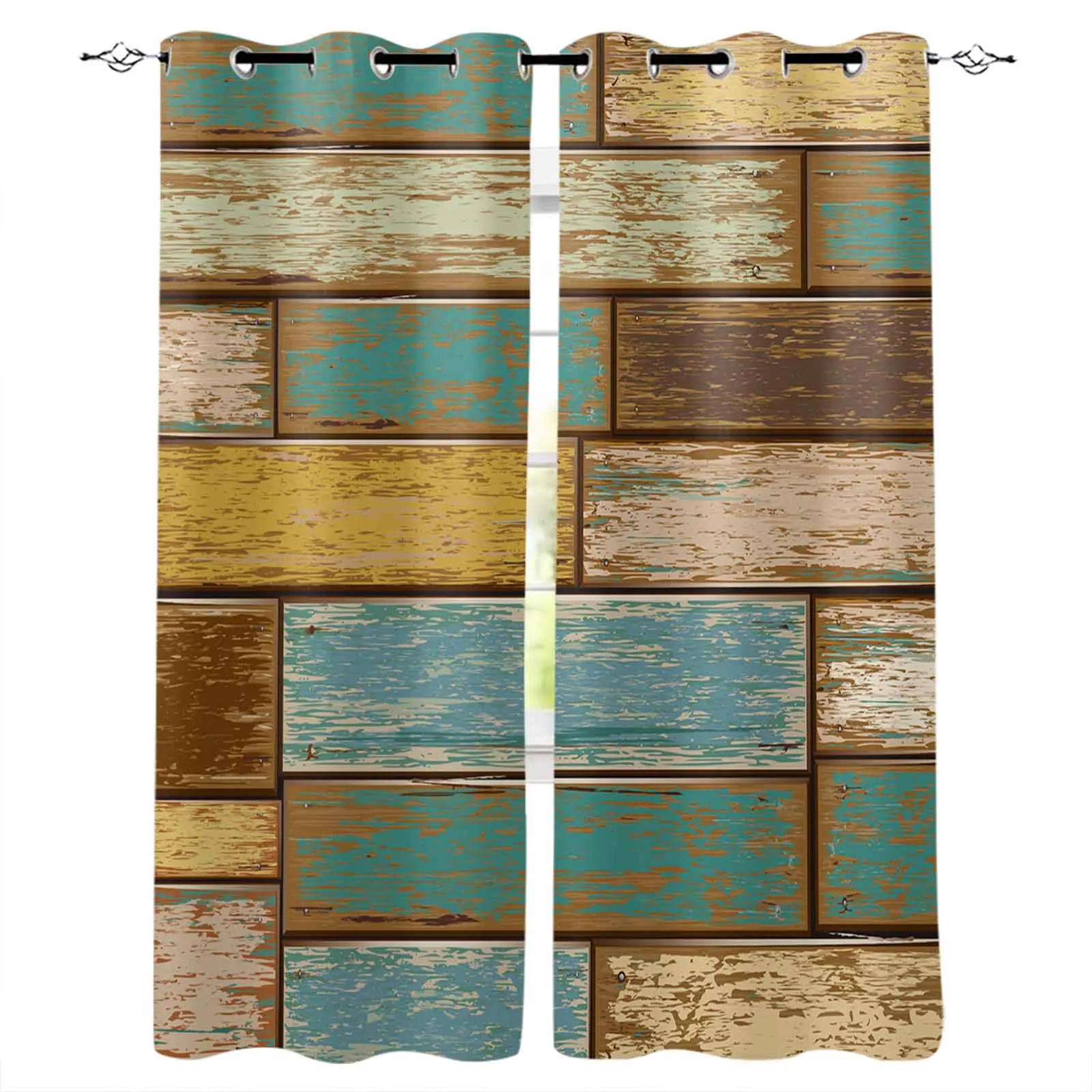 Retro Wood Board Texture Window Curtains for Living Room Kitchen Curtain Bedroom Decorative Window Treatments