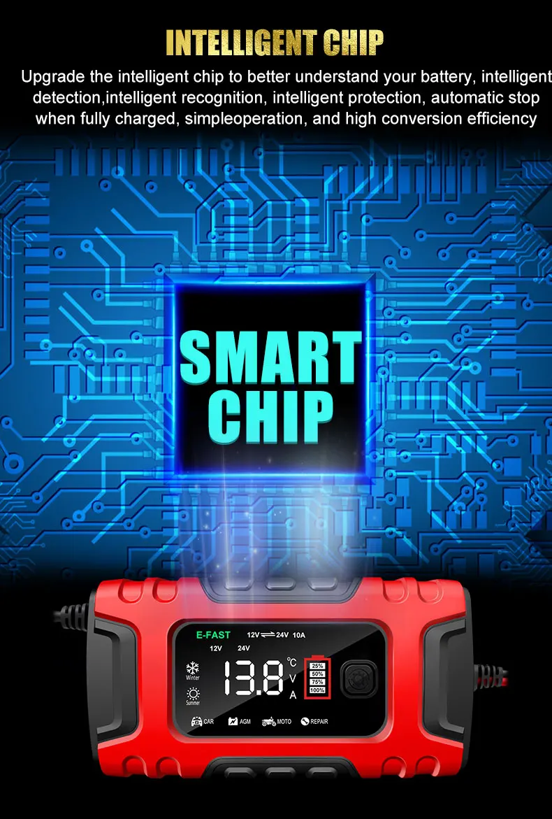 Cargador de batería de coche TK600 12V10A/24V5A pantalla grande cargador lento de batería inteligente para coche motocicleta vehículo