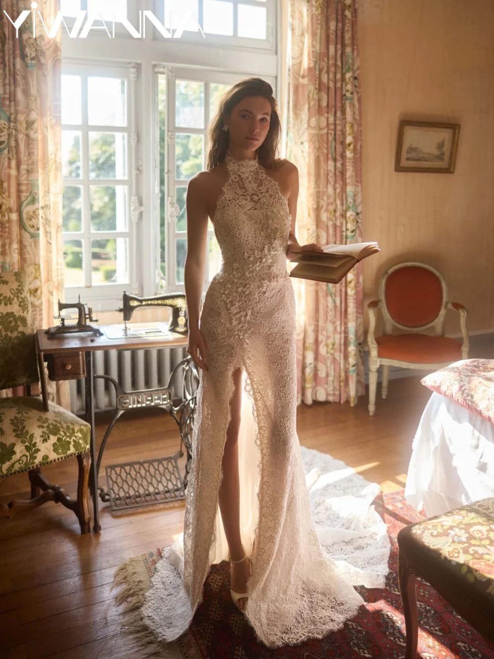 

Glitter Floral Lace Mermaid Long Wedding Dress Sexy Halter Backless Bridal Gown Customized Charming High Slit Dresses For Bride