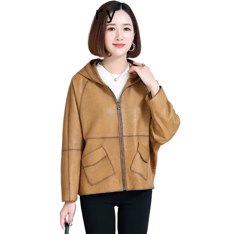 Echte Schaffell-Lederjacke für Damen, 2024, echter Ledermantel, Fledermausärmel, kurze Lederjacken mit Kapuze, lose Mäntel, Chaquetas